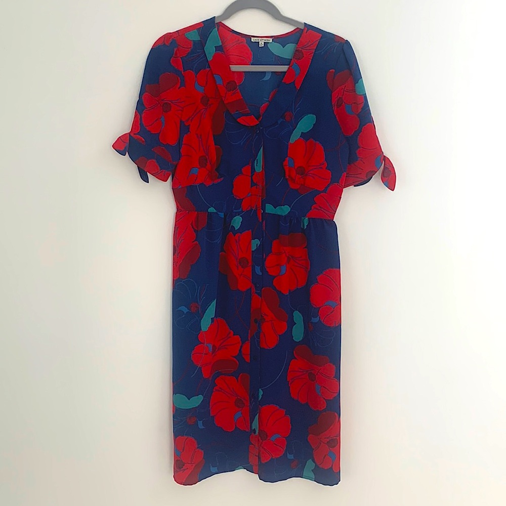 Retro style midi dress with collar, tie sleeves, blue with scarlet poppies sz M